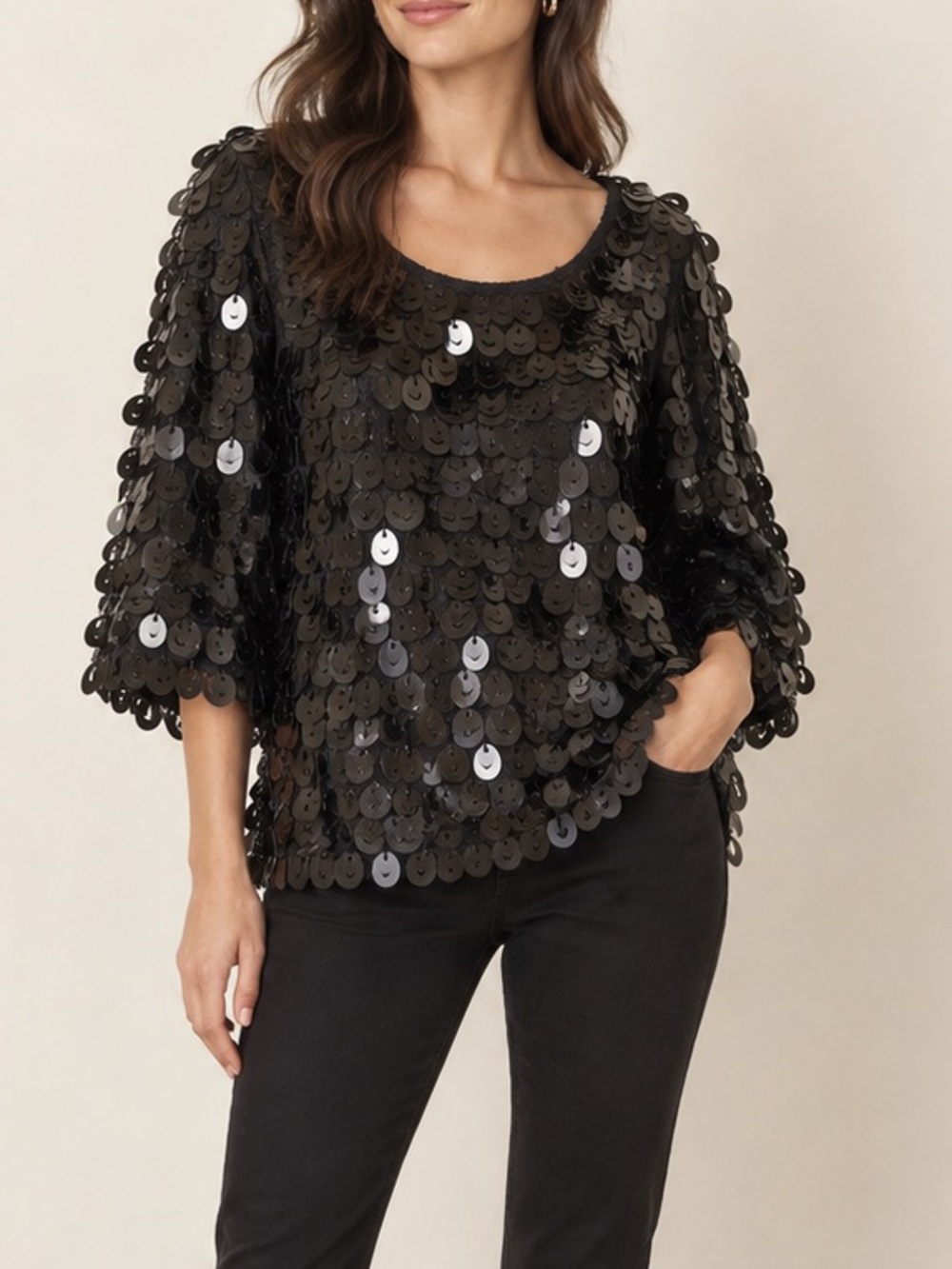 Vintage Joseph A Silk Black Paillette Sequin Top Y2K Size L